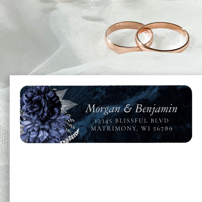 Monogram Navy Blue Silver Floral Return Address (Von Creator hochgeladen)
