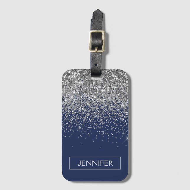 Monogram Navy Blue Silver Glam Glitzer Gepäckanhänger (Vorderseite Vertikal)