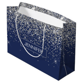 Monogram Navy Blue Silver Glam Glitzer Große Geschenktüte