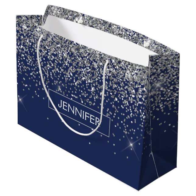 Monogram Navy Blue Silver Glam Glitzer Große Geschenktüte (Rückseite Schrägansicht)