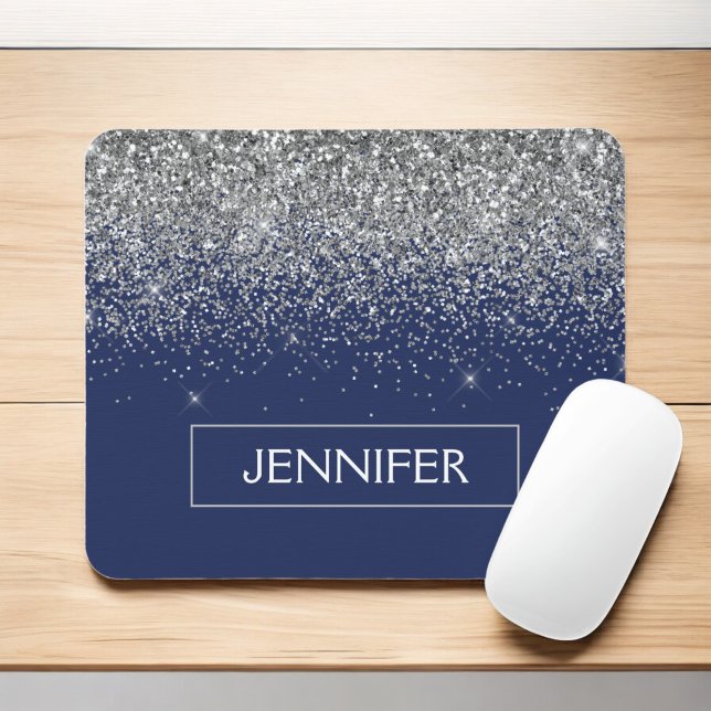 Monogram Navy Blue Silver Glam Glitzer Mousepad (Von Creator hochgeladen)