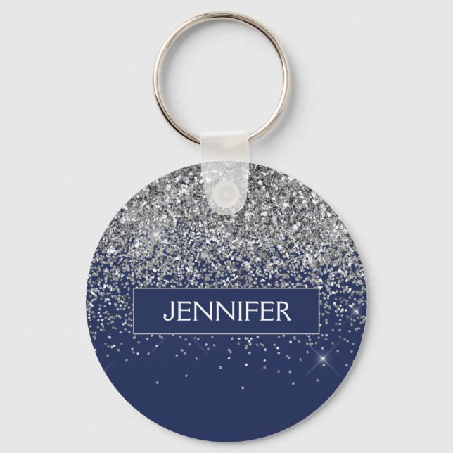 Monogram Navy Blue Silver Glam Glitzer Schlüsselanhänger (Vorderseite)