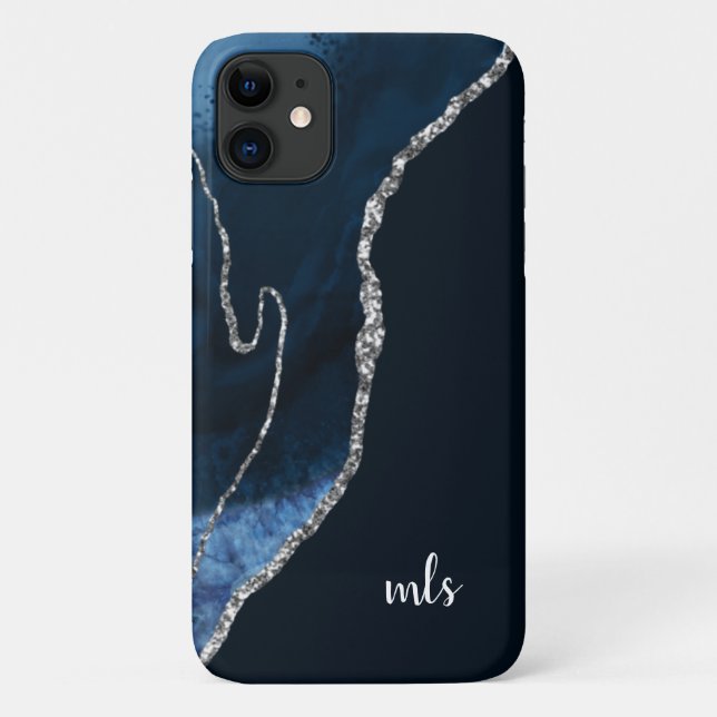 Monogram Navy Blue Silver Glitzer Chic Modern Case-Mate iPhone Hülle (Rückseite)