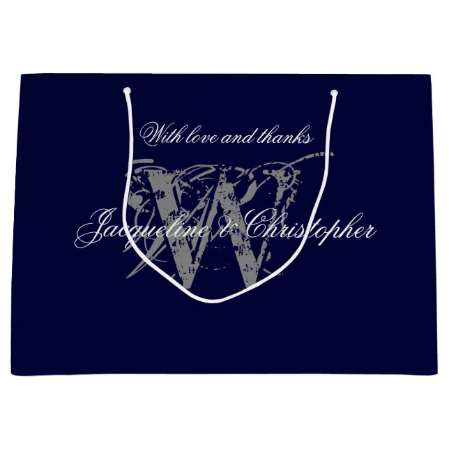 Monogram Navy Blue Silver White Eagle Hochzeit Große Geschenktüte (Vorderseite)