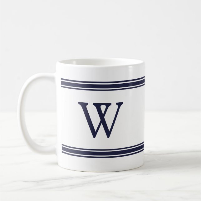 Monogram Navy Blue Stricking personalisierte Mug Kaffeetasse (Links)