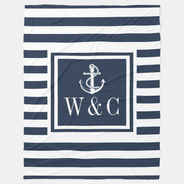 Monogram Navy Blue Strip Nautical Boat Anker Fleecedecke (Vorderseite)