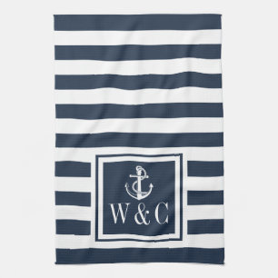 Monogram Navy Blue Stripe Nautical Anchor Geschirrtuch