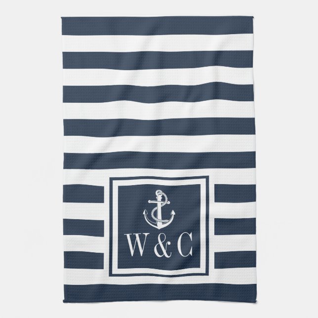 Monogram Navy Blue Stripe Nautical Anchor Geschirrtuch (Vertikal)