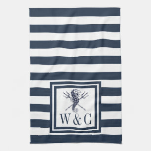 Monogram Navy Blue Stripe Seepferd Nautic Geschirrtuch