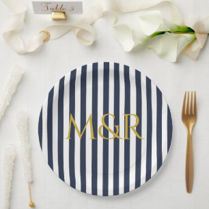 Monogram Navy Blue Stripes Stripte Jubiläum Pappteller