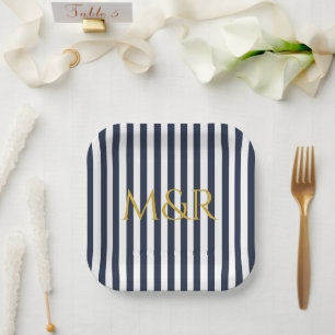 Monogram Navy Blue Stripes Stripte Jubiläum Pappteller