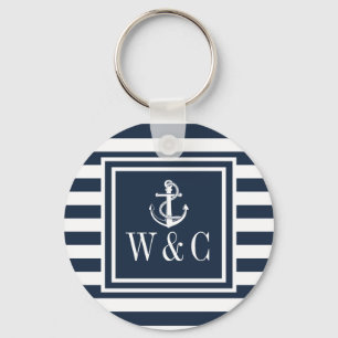 Monogram Navy Blue Striping Nautical Boat Anker Schlüsselanhänger