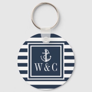 Monogram Navy Blue Striping Nautical Boat Anker Schlüsselanhänger
