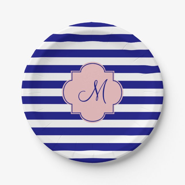 Monogram Navy Blue und Baby Pink Strickmuster Pappteller (Vorderseite)