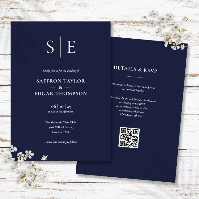 Monogram Navy Blue und Gold QR Code Hochzeit Einladung (Monogram Navy Blue And Gold QR Code Wedding Invitation)