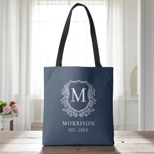 Monogram Navy Blue Wappen Botanical Wedding