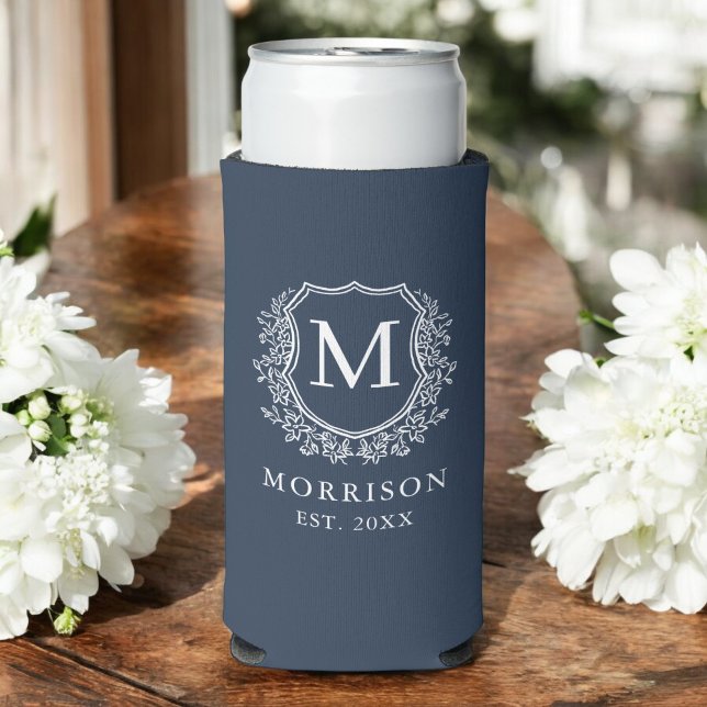 Monogram Navy Blue Wappen Botanical Wedding Selters Dosenkühler (Von Creator hochgeladen)