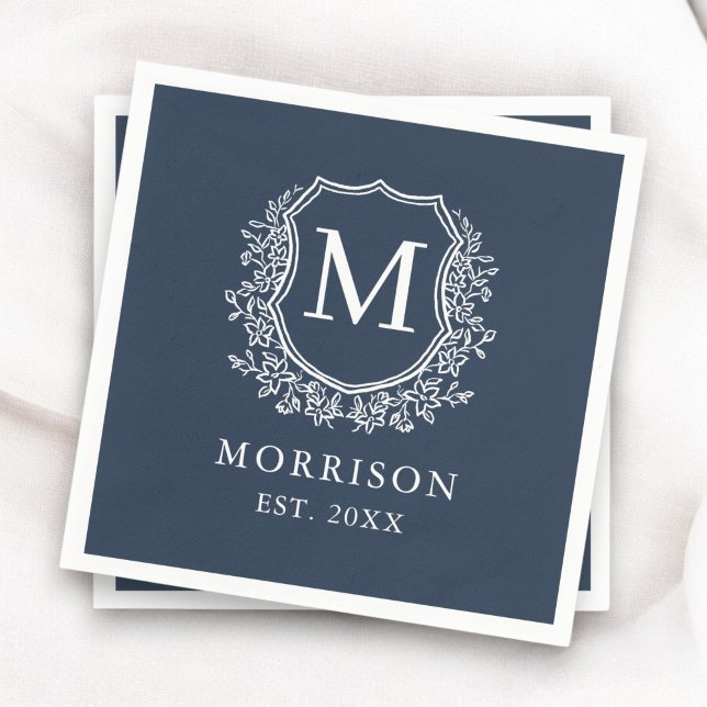 Monogram Navy Blue Wappen Botanical Wedding Serviette (Von Creator hochgeladen)