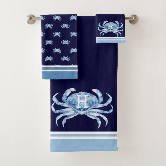 Monogram Navy Blue Watercolor Crab Nautic Badhandtuch Set (Insitu)