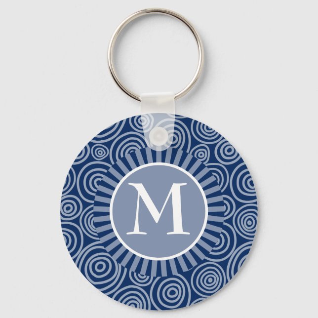 Monogram Navy Blue White Spirals - Personalisiert Schlüsselanhänger (Vorderseite)