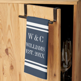 Monogram Navy Blue White Strip Personalisiert Geschirrtuch