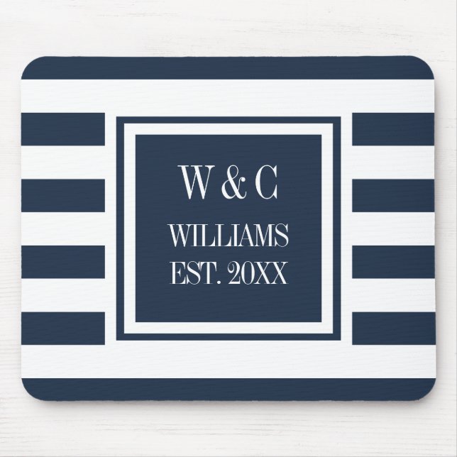 Monogram Navy Blue White Strip Personalisiert Mousepad (Vorne)