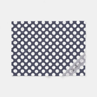 Monogram Navy Blue White Trendy Polka Dot Pattern Fleecedecke