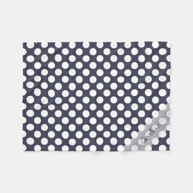 Monogram Navy Blue White Trendy Polka Dot Pattern Fleecedecke (Vorderseite (Horizontal))