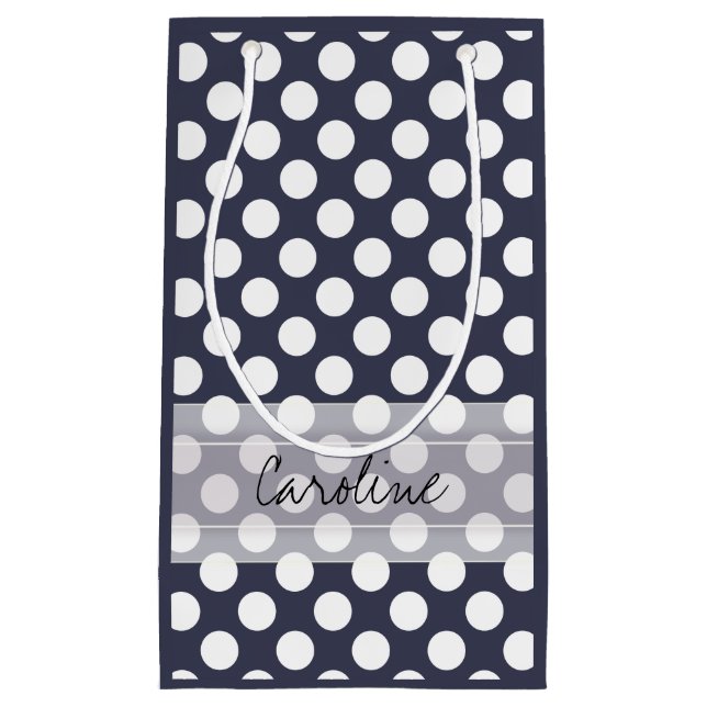 Monogram Navy Blue White Trendy Polka Dot Pattern Kleine Geschenktüte (Vorderseite)