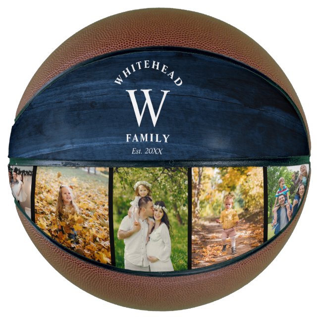 Monogram Navy Blue Wood 5 Foto Collage Basketball (Vorderseite)