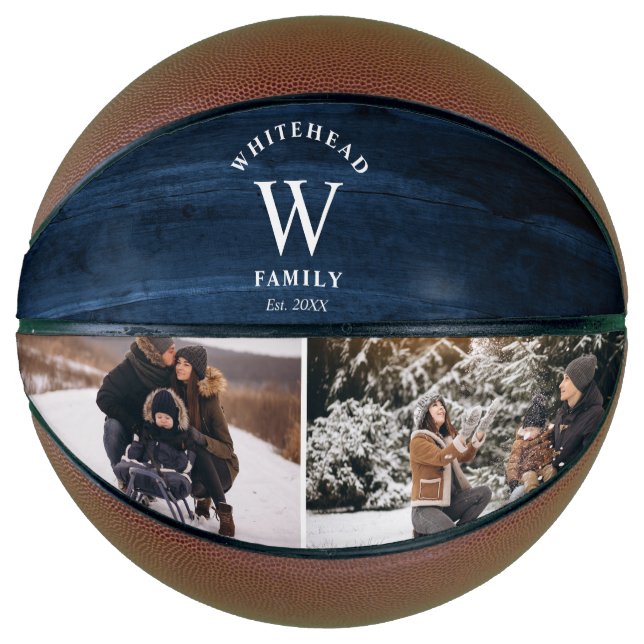 Monogram Navy Blue Wood Foto Collage Basketball (Vorderseite)