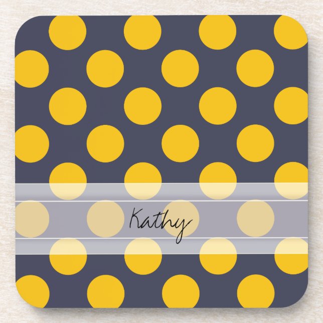 Monogram Navy Blue Yellow Chic Polka Dot Pattern Getränkeuntersetzer (Vorderseite)