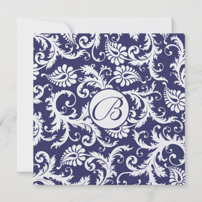 Monogram Navy Damask Wirbel Hochzeitseinladung Einladung (Vorderseite)