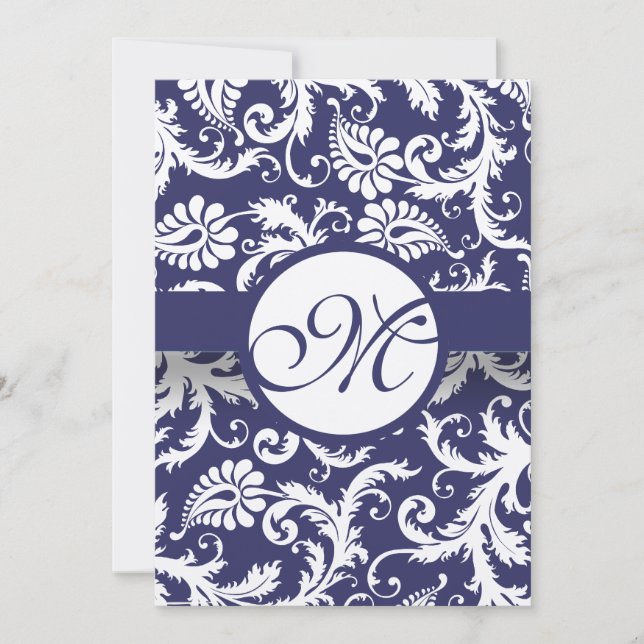 Monogram Navy Damask Wirbel Hochzeitseinladung Einladung (Vorderseite)