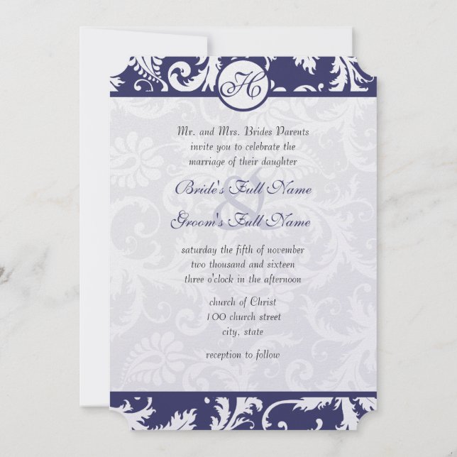 Monogram Navy Damask Wirbel Hochzeitseinladung Einladung (Rückseite)