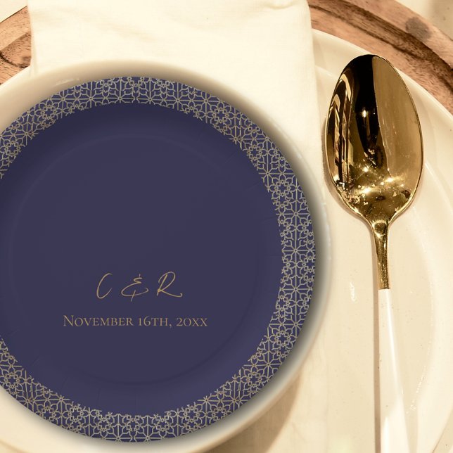 Monogram Navy Gold Design Wedding Reception Party Pappteller (Monogram Navy Gold Design Wedding Reception Party Paper Plates)