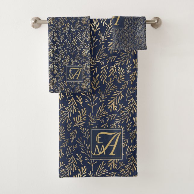 Monogram Navy Gold Leaf New Wohngestaltung Gift Badhandtuch Set (Insitu)
