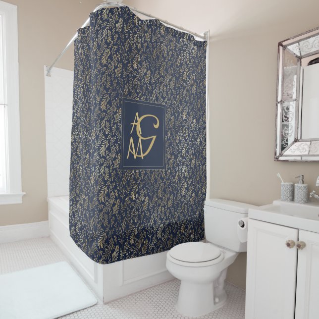 Monogram Navy Gold Leaf New Wohngestaltung Gift Duschvorhang (Beispiel)