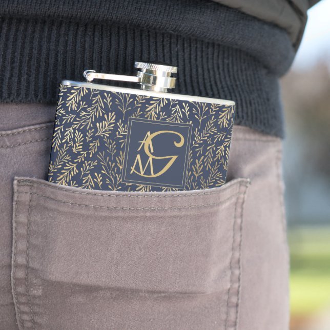 Monogram Navy Gold Leaf New Wohngestaltung Gift Flachmann (Beispiel)
