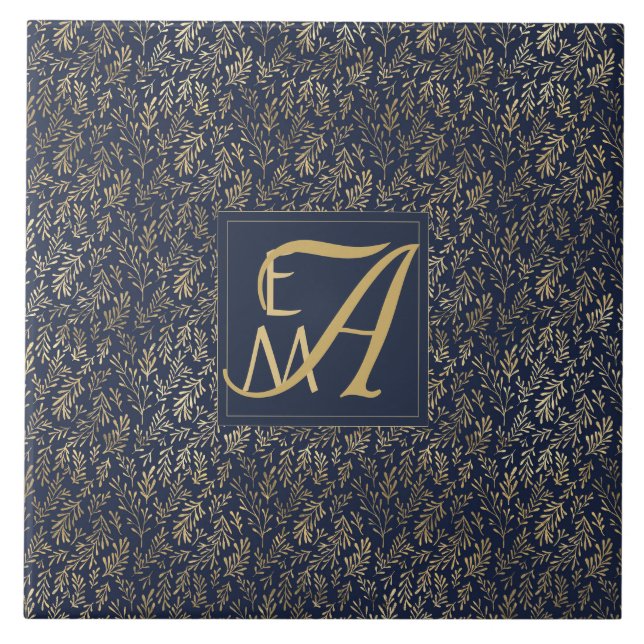 Monogram Navy Gold Leaf New Wohngestaltung Gift Fliese (Vorderseite)