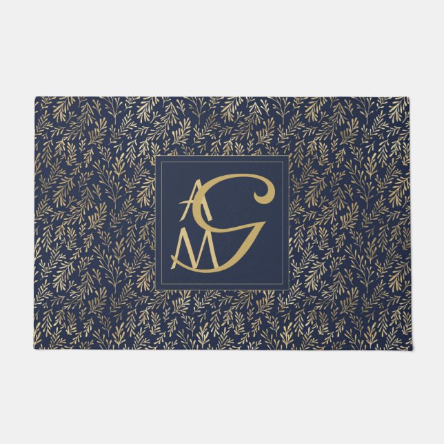 Monogram Navy Gold Leaf New Wohngestaltung Gift Fußmatte (Vorderseite)