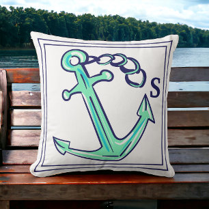 Monogram Navy Green Anchor Nautical Boat Kissen