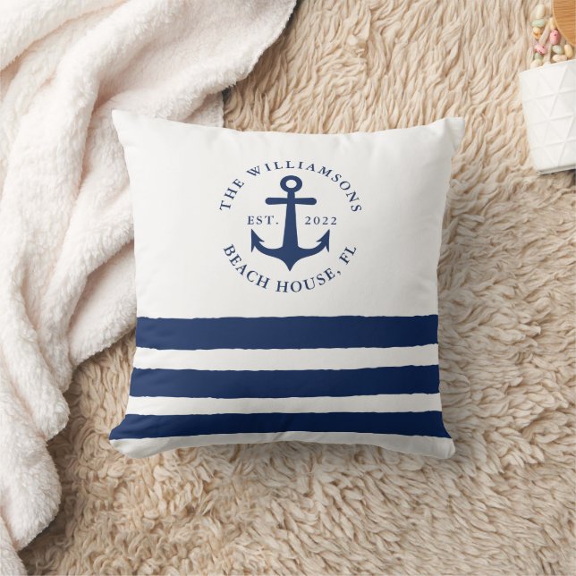 Monogram, Navy Navy Blue Stripes Family Kissen (Decke)