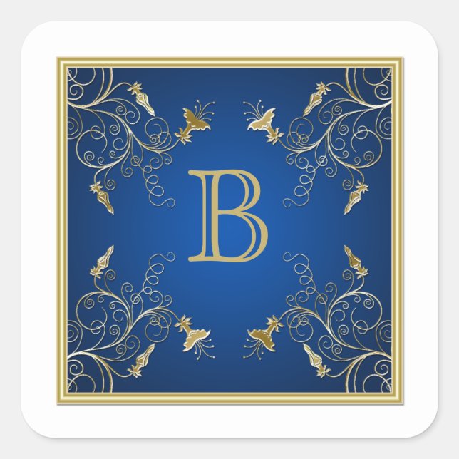 Monogram Navy und Gold Floral Sticker (Vorderseite)