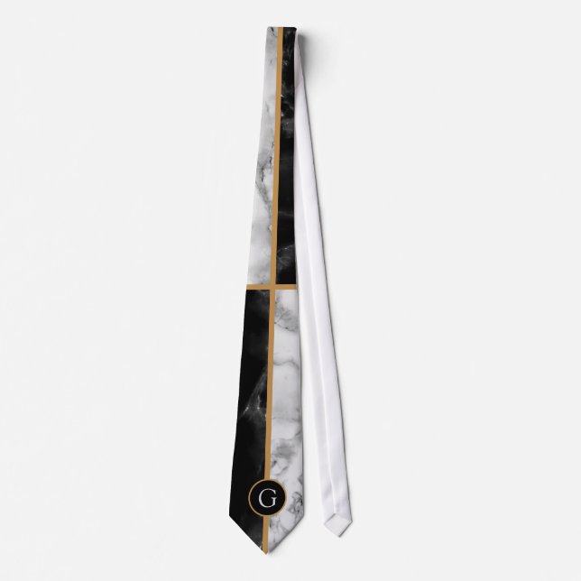 Monogram Neck Tie Black and White Karo Marmor Krawatte (Vorderseite)