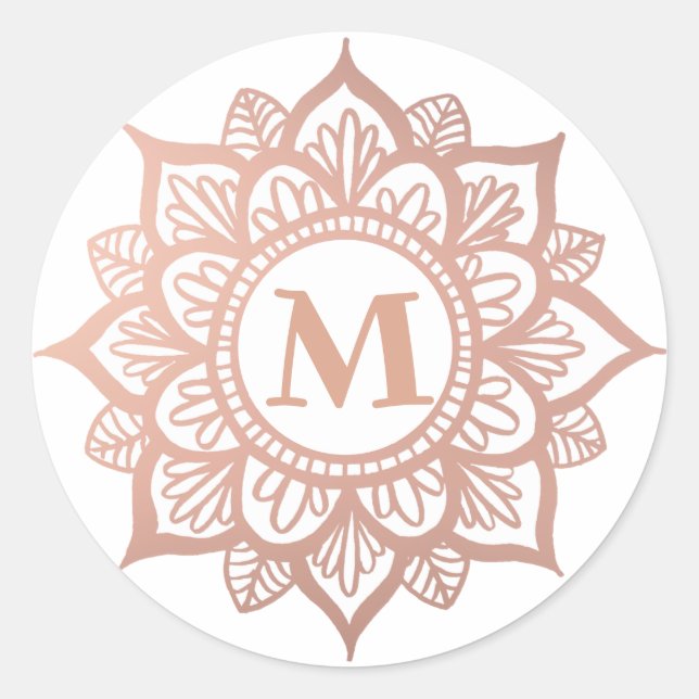 Monogram New Rose Gold Mandala Runder Aufkleber (Vorderseite)