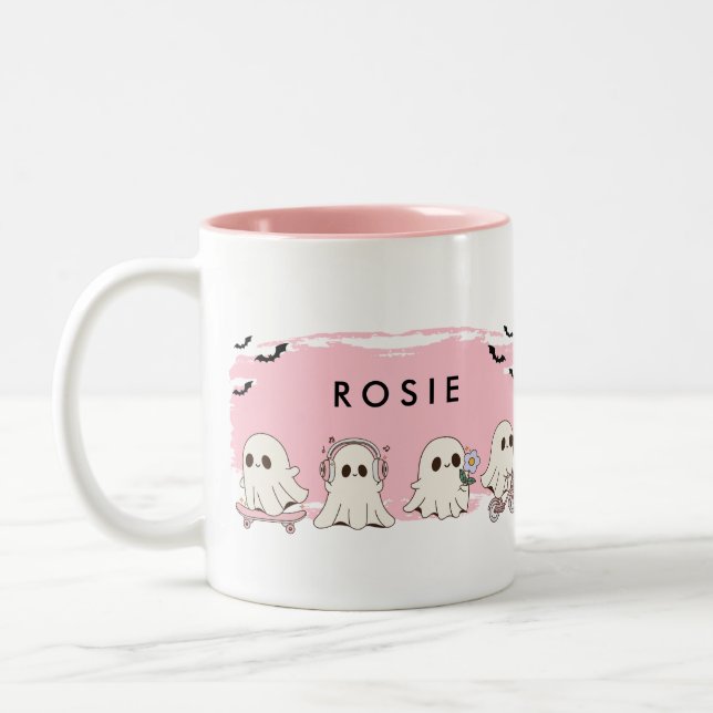 Monogram Niedlich Halloween Pink Ghosts Spooky Tas Zweifarbige Tasse (Links)