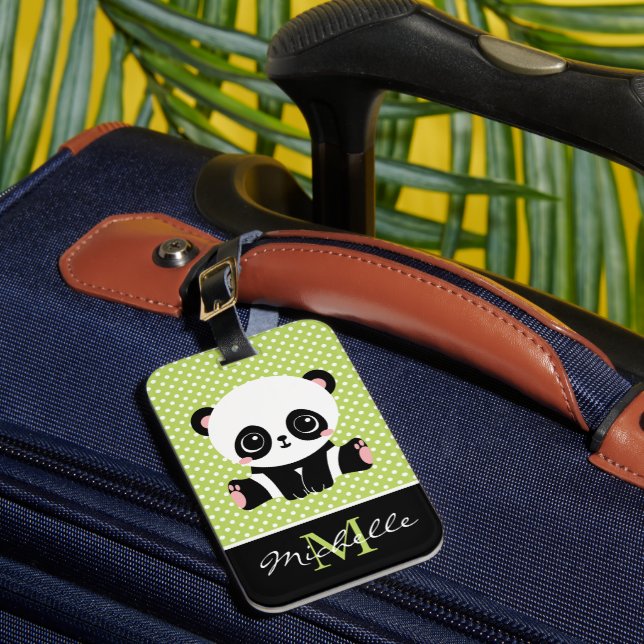 Monogram Niedlich Panda Bär Personalisiert Polka D Gepäckanhänger (Vorderseite Insitu 1)