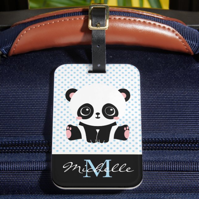 Monogram Niedlich Panda Bär Personalisiert Polka D Gepäckanhänger (Vorderseite Insitu 2)