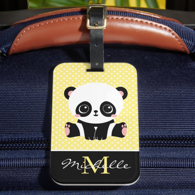 Monogram Niedlich Panda Bär Personalisiert Polka D Gepäckanhänger (Vorderseite Insitu 2)